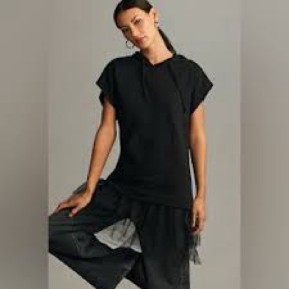 Anthropologie Pilcro Tulle Hem Hoodie dress top blouse Black size medium NWT